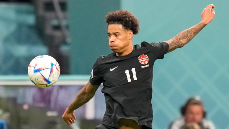 Canada's Tajon Buchanan is in action during the World Cup group F soccer match between Croatia and Canada, at the Khalifa International Stadium in Doha, Qatar, Sunday, Nov. 27, 2022. (Aijaz Rahi/AP)