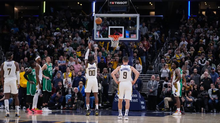 Indiana Pacers guard Bennedict Mathurin (00) shoot the first of three free throws with .6 seconds remaining in the second half of an NBA basketball game against the Boston Celtics in Indianapolis, Monday, Jan. 8, 2024. The Pacers defeated the Celtics 133-131. (Michael Conroy/AP)