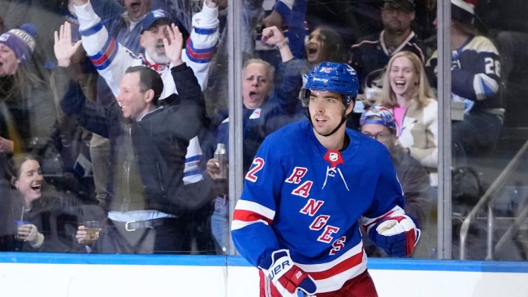 New York Rangers' Filip Chytil celebrates after scoring a goal during the first period of an NHL hockey game against the Columbus Blue Jackets Tuesday, March 28, 2023, in New York. (Frank Franklin II/AP Photo)