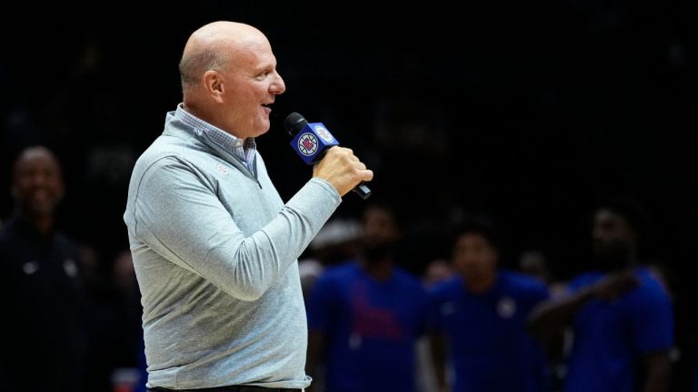 Los Angeles Clippers owner Steve Ballmer speaks before a preseason NBA basketball game between the Los Angeles Clippers and the Utah Jazz, Tuesday, Oct. 10, 2023, in Seattle. (Lindsey Wasson/AP Photo)