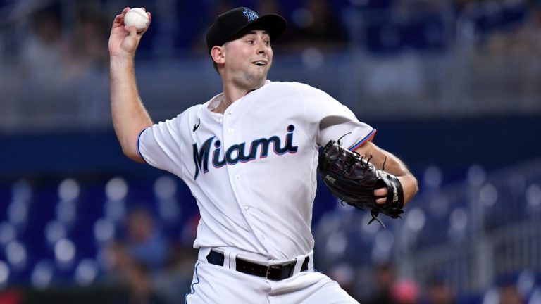 Miami Marlins pitcher Cody Poteet (72) delivers against the Washington Nationals during the first inning of a baseball game, Tuesday, May 17, 2022, in Miami. (AP Photo/Jim Rassol)