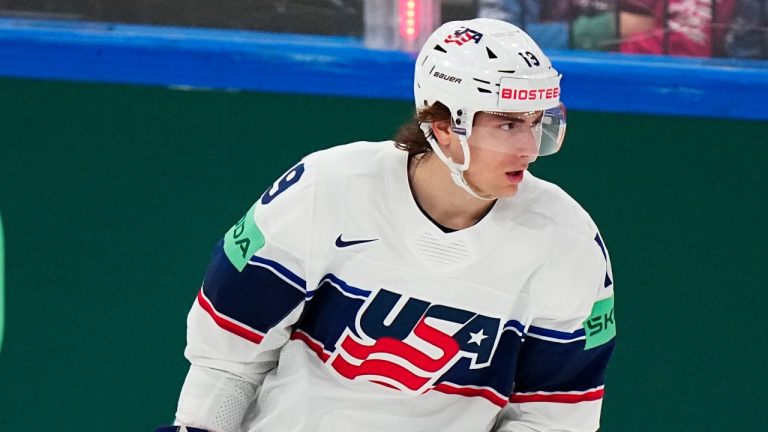 United States Cutter Gauthier celebrates after scoring his side's third goal during the quarterfinal match between United States and Czech Republic at the ice hockey world championship in Tampere, Finland, Thursday, May 25, 2023. (Pavel Golovkin/AP)