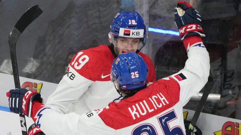 Czechia's Ondrej Becher (19) celebrates his goal with teammate Jiri Kulich (25) to tie the game during third period bronze medal action at the IIHF World Junior Hockey Championship in Gothenburg, Sweden, Friday, Jan. 5, 2024. (Christinne Muschi/CP)