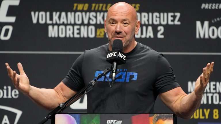 Dana White speaks during a news conference for the UFC 290 Mixed Martial arts event Thursday, July 6, 2023, in Las Vegas. (AP Photo/John Locher)