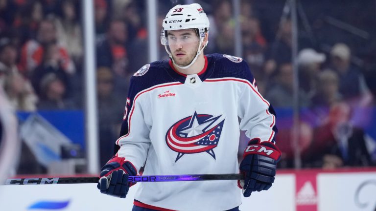 Columbus Blue Jackets' David Jiricek plays during an NHL hockey game, Thursday, Jan. 4, 2024, in Philadelphia. (Matt Slocum/AP)