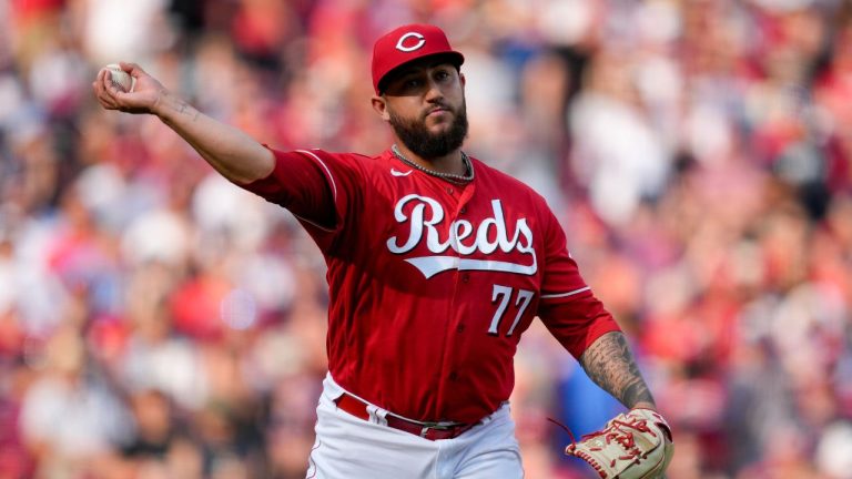 Cincinnati Reds relief pitcher Daniel Duarte throws to first base during a baseball game against the Atlanta Braves Saturday, June 24, 2023, in Cincinnati. (Jeff Dean/AP Photo)