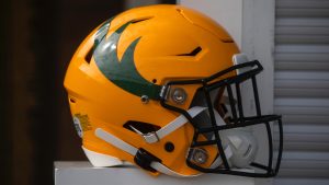 An Edmonton Elks helmet is displayed at Commonwealth Stadium in Edmonton, on Tuesday, June 1, 2021. (Jason Franson/CP)