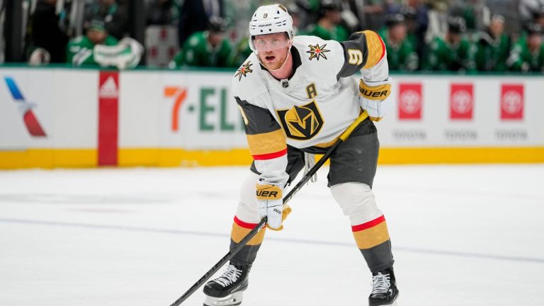 Vegas Golden Knights center Jack Eichel looks on during the second period of an NHL hockey game between the Dallas Stars and the Vegas Golden Knights, Saturday, Dec. 9, 2023, in Dallas. (Julio Cortez/AP Photo)