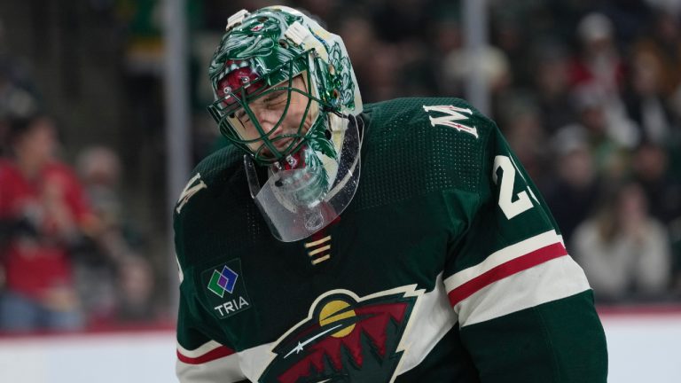 Minnesota Wild goaltender Marc-Andre Fleury reacts after a goal during the first period of an NHL hockey game Tuesday, Jan. 2, 2024, in St. Paul, Minn. (Abbie Parr/AP)