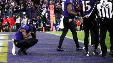 Ravens&#8217; Flowers fumbles near end zone after being flagged for taunting