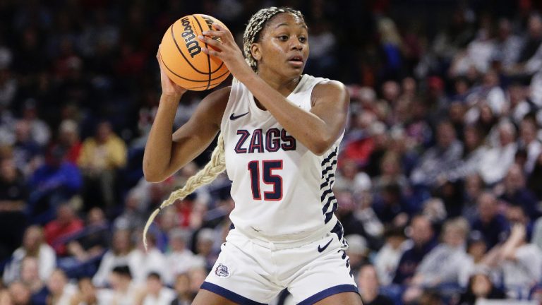 Gonzaga forward Yvonne Ejim controls the ball during the first half of an NCAA college basketball game against Stanford, Sunday, Dec. 3, 2023, in Spokane, Wash. (Young Kwak/AP)