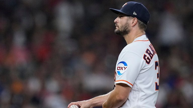 Houston Astros relief pitcher Kendall Graveman reacts as manager Dusty Baker Jr. comes to remove him during the sixth inning of a baseball game against the San Diego Padres, Saturday, Sept. 9, 2023, in Houston. (Kevin M. Cox/AP Photo)