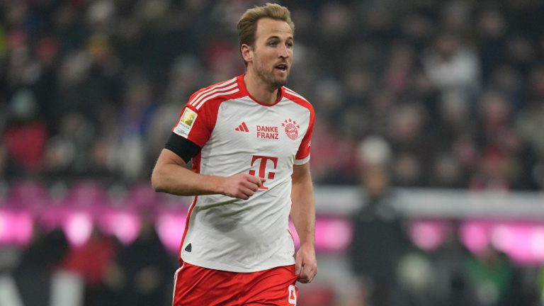 Bayern's Harry Kane runs during a German Bundesliga soccer match. (Matthias Schrader/AP)