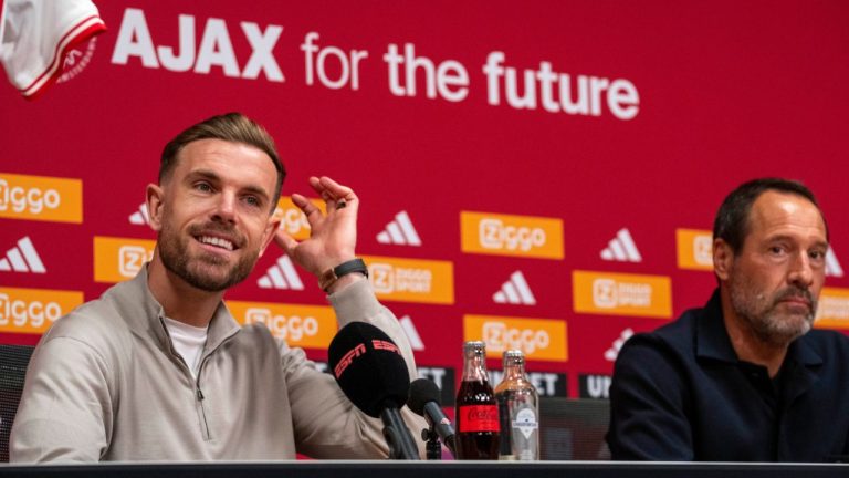 England midfielder Jordan Henderson and Ajax trainer John van 't Schip are seen during a news conference in Amsterdam, Netherlands, Friday, Jan. 19, 2024. (Peter Dejong/AP Photo)