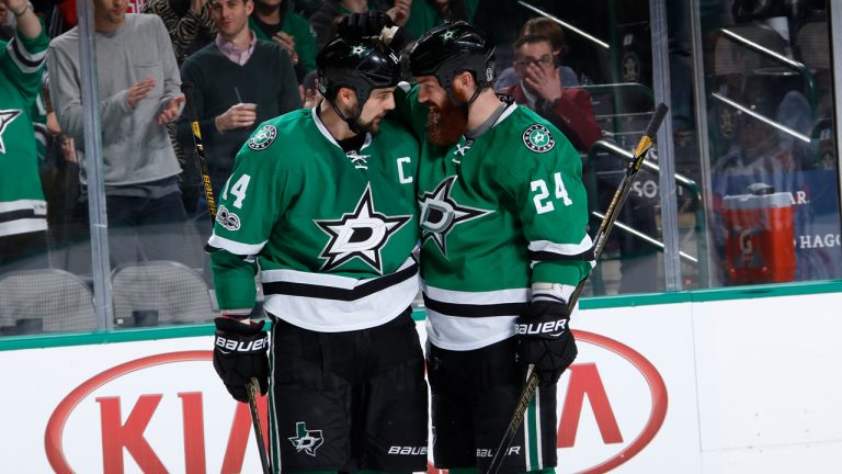 Victoria natives and NHL vets Jordie (right) and Jamie Benn celebrate a goal in their days suiting up together in Dallas. (Photo by Glenn James/NHLI via Getty Images)