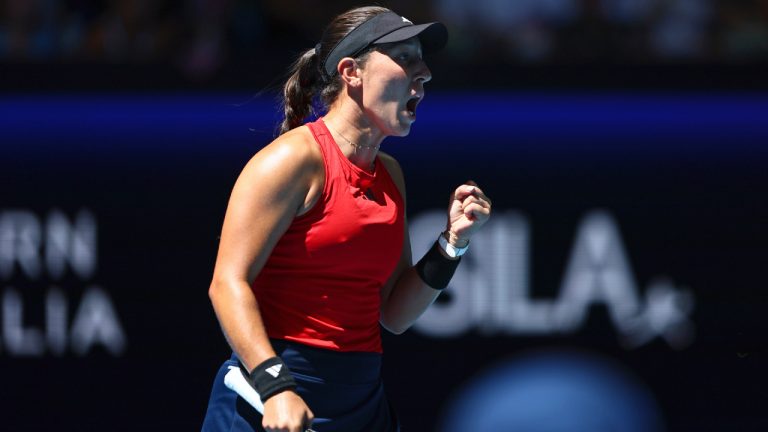 Jessica Pegula of the United States reacts after winning a crucial point during the United Cup tennis tournament in Perth, Australia, Sunday, Dec. 31, 2023. (Trevor Collens/AP)