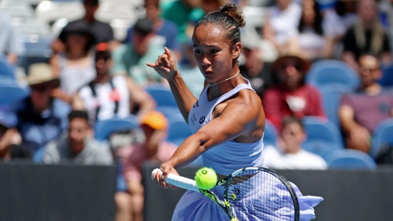 Leylah Fernandez plays a forehand return to Sara Bejlek of the Czech Republic during their first round match at the Australian Open. (Asanka Brendon Ratnayake/AP)