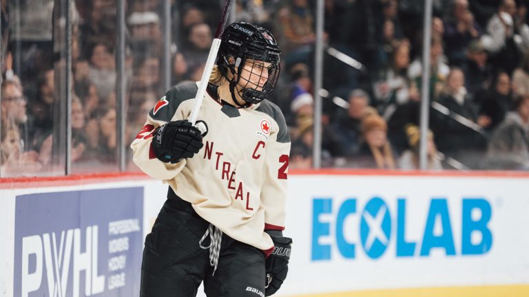 Montreal captain Marie-Philip Poulin netted a hat trick last week to move into a tie for third in the PWHL scoring race. (Photo by Arianne Bergeron/PWHL) 