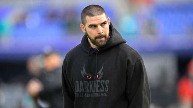 Baltimore Ravens tight end Mark Andrews looks on before an NFL football game against the Miami Dolphins, Sunday, Dec. 31, 2023, in Baltimore. (Terrance Williams/AP Photo)