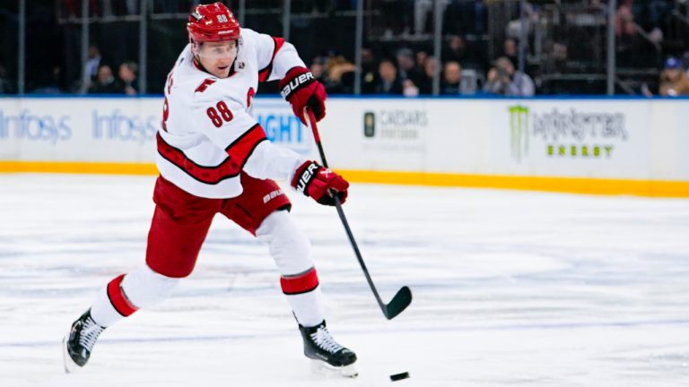 Carolina Hurricanes centre Martin Necas shoots during the first period of the team's NHL hockey game against the New York Rangers on Tuesday, Jan. 2, 2024, in New York. (AP Photo/Peter K. Afriyie)