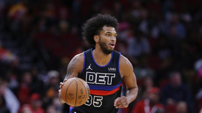 Detroit Pistons forward Marvin Bagley III during the second half of an NBA basketball game against the Houston Rockets Monday, Jan. 1, 2024, in Houston. (AP Photo/Michael Wyke)