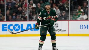 Minnesota Wild right wing Ryan Hartman (38) stands on the ice during the second period of an NHL hockey game against the Edmonton Oilers, Tuesday, Oct. 24, 2023, in St. Paul, Minn. (Abbie Parr/AP)