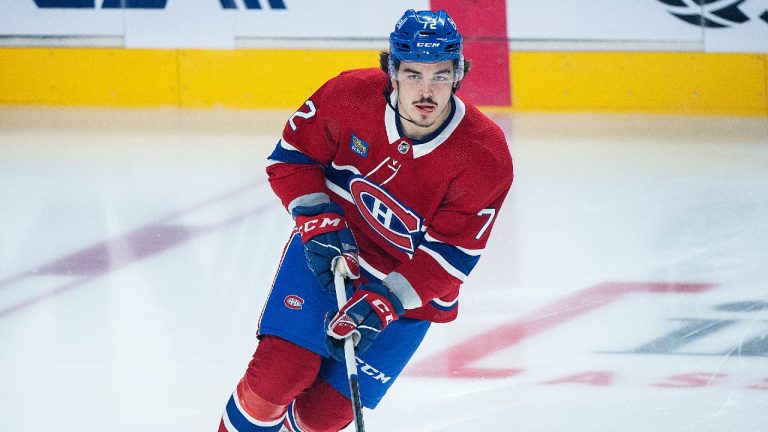 Montreal Canadiens’ Arber Xhekaj skates prior to an NHL pre-season hockey game against the Winnipeg Jets in Montreal, Thursday, September 29, 2022. (Graham Hughes/CP)