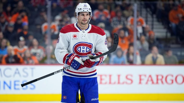 Montreal Canadiens' Sean Monahan plays during an NHL hockey game, Wednesday, Jan. 10, 2024, in Philadelphia. (Matt Slocum/AP)