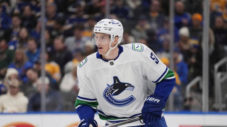 Vancouver Canucks' Tyler Myers in action during the second period of an NHL hockey game against the St. Louis Blues 3 Thursday, Jan. 4, 2024, in St. Louis. (Jeff Roberson/AP Photo)