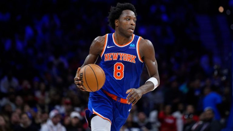 New York Knicks' OG Anunoby plays during an NBA basketball game, Friday, Jan. 5, 2024, in Philadelphia. (Matt Slocum/AP Photo)