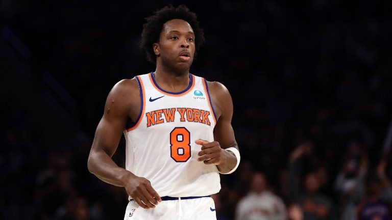 New York Knicks forward OG Anunoby (8) reacts against the Minnesota Timberwolves during the second half of an NBA basketball game Monday, Jan. 1, 2024, in New York. The Knicks won 112-106. (Adam Hunger/AP)