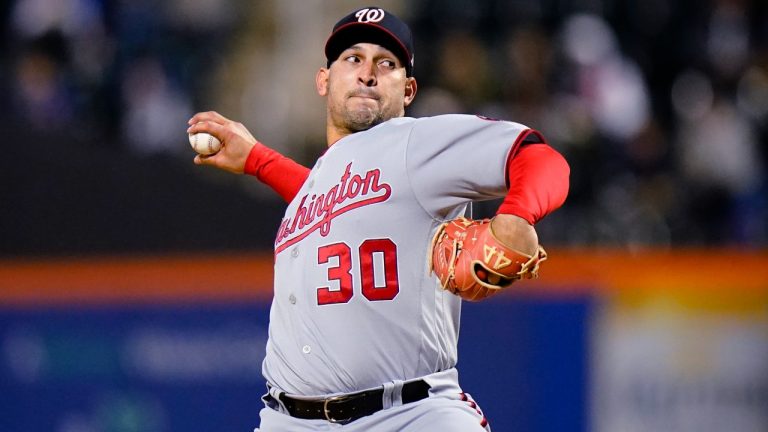 Washington Nationals' Paolo Espino pitches during the first inning in the second baseball game of the team's doubleheader against the New York Mets, Tuesday, Oct. 4, 2022, in New York. (AP Photo/Frank Franklin II)