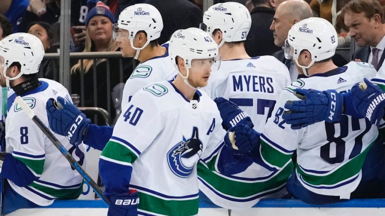 Vancouver Canucks' Elias Pettersson (40) celebrates with teammates after scoring a goal during the second period of an NHL hockey game against the New York Rangers Monday, Jan. 8, 2024, in New York. (Frank Franklin II/AP)