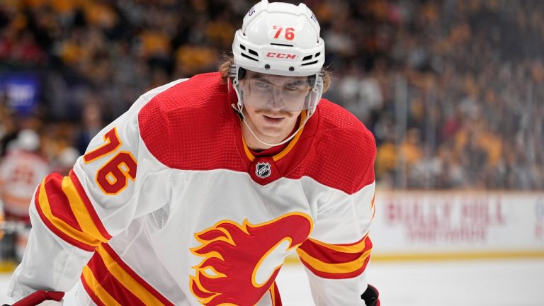 Calgary Flames centre Martin Pospisil (76) plays during the first period of an NHL hockey game against the Nashville Predators, Wednesday, Nov. 22, 2023, in Nashville, Tenn. (George Walker IV/AP)