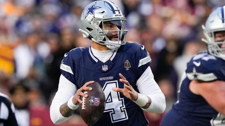 Dallas Cowboys quarterback Dak Prescott (4) looking downfield to pass the ball during the first half of an NFL football game against the Washington Commanders, Sunday, Jan. 7, 2024, in Landover, Md. (Susan Walsh/AP)