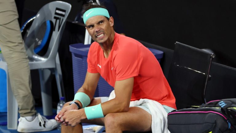 Rafael Nadal of Spain reflects between games in his quarter-final match against Jordan Thompson of Australia during the Brisbane International tennis tournament in Brisbane, Australia, Friday, Jan. 5, 2024. (AP Photo/Tertius Pickard)