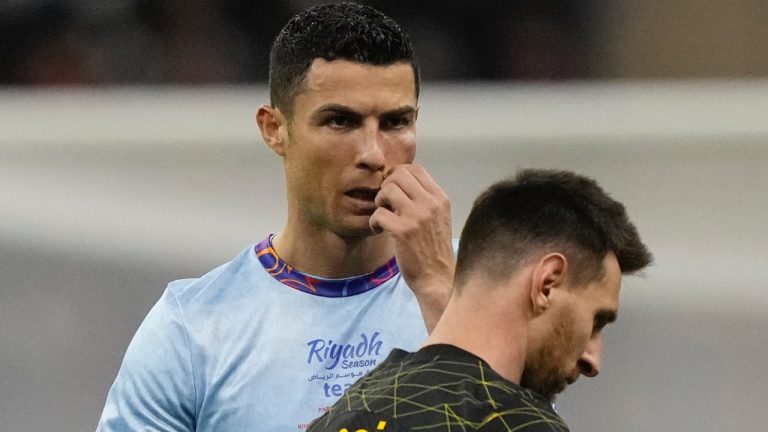 Cristiano Ronaldo and Lionel Messi during a friendly soccer match, at the King Saud University Stadium, in Riyadh, Saudi Arabia, Thursday, Jan. 19, 2023. (Hussein Malla/AP)