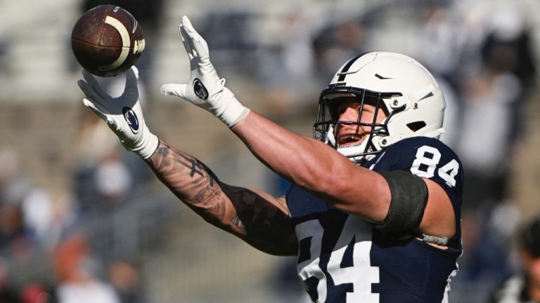 Penn State tight end Theo Johnson (84) warms up for an NCAA college football game against Rutgers, Saturday, Nov.18, 2023, in State College, Pa. (Barry Reeger/AP)