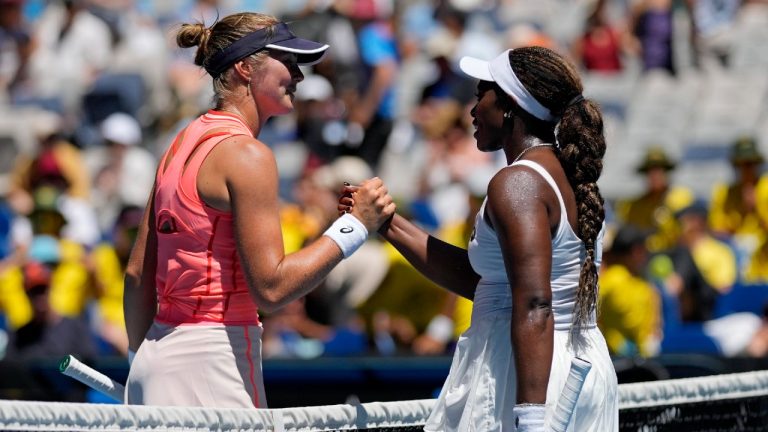 Sloane Stephens, right, of the U.S. is congratulated by Olivia Gadecki of Australia following their first round match at the Australian Open tennis championships at Melbourne Park, Melbourne, Australia, Tuesday, Jan. 16, 2024. (Louise Delmotte/AP)