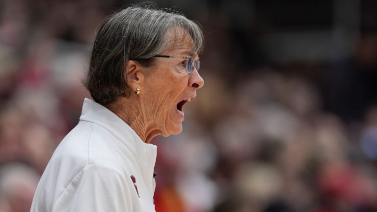 Stanford head coach Tara VanDerveer reacts during the first half of an NCAA college basketball game against Oregon State, Sunday, Jan. 21, 2024, in Stanford, Calif. (Godofredo A. Vásquez/AP)