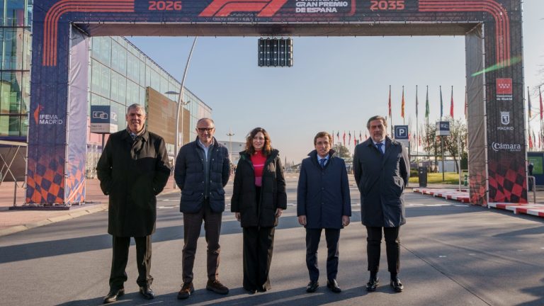 From left to right: Chairman of the Executive Committee of IFEMA Madrid Jose Vicente de los Mozos, CEO of Formula One Group Stefano Domenicali, President of the Madrid Regional Government Isabel Diaz Ayuso, Mayor of Madrid Jose Luis Martinez Almeida, and President of the Chamber of Commerce of Madrid Angel Asensio pose for a picture pose for a photographers before a press conference at the IFEMA congress centre in Madrid, Spain, Tuesday, Jan. 23, 2024. (Manu Fernandez/AP)