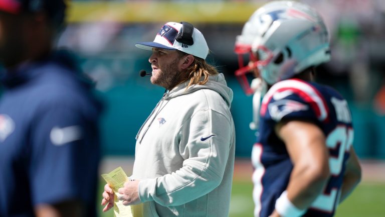 New England Patriots linebackers coach Steve Belichick watches during the first half of an NFL football game, Sunday, Oct. 29, 2023, in Miami Gardens, Fla. (AP Photo/Lynne Sladky)