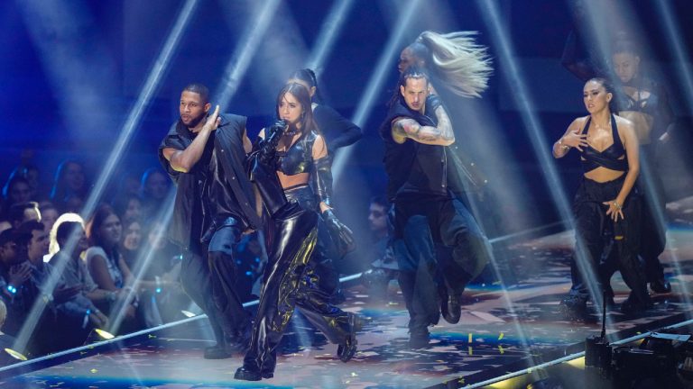 Tate McRae, centre front, performs at the European MTV Awards 2022 in Dusseldorf, Germany, Sunday, Nov. 13, 2022. (Martin Meissner/AP)