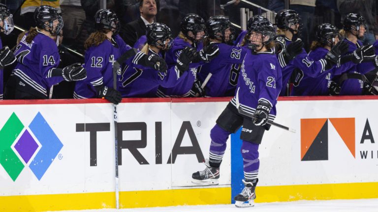 Minnesota forward Taylor Heise is congratulated after scoring a goal against Toronto during the second period of a PWHL hockey game Wednesday, Jan. 10, 2024, in St. Paul, Minn. (Bailey Hillesheim/AP)