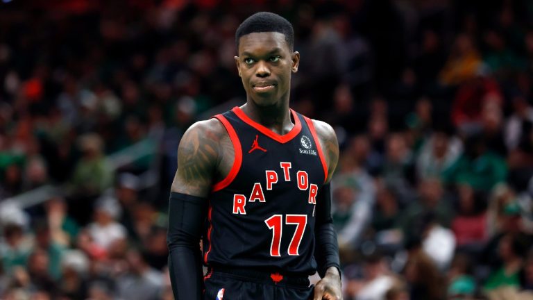 Toronto Raptors' Dennis Schroder during the second half of an NBA basketball game against the Boston Celtics, Friday, Dec. 29, 2023, in Boston. (Michael Dwyer/AP)