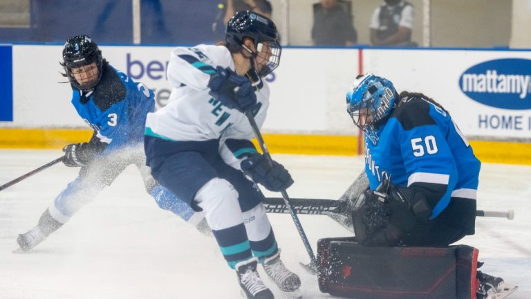 Toronto goaltender Kristen Campbell (50) makes a save on New York forward Alex Carpenter (25) as Toronto defender Jocelyn Larocque (3) looks on during first period PWHL action in Toronto on Monday, Jan. 1, 2024. (Frank Gunn/CP)