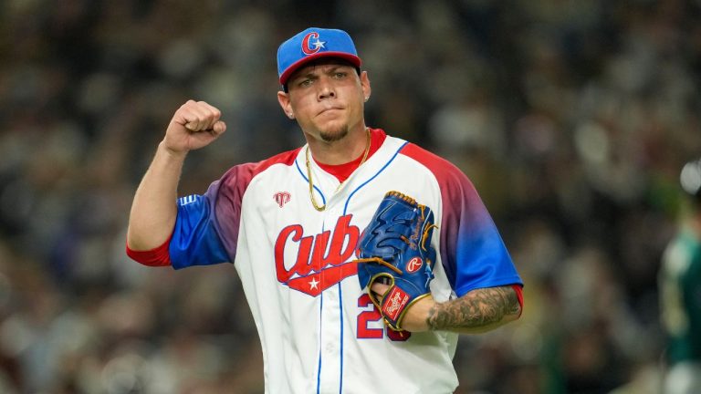 Pitcher Yariel Rodriguez of Cuba reacts during the World Baseball Classic quarterfinal game between Cuba and Australia at the Tokyo Dome Tokyo, Wednesday, March 15, 2023. (Toru Hanai/AP)