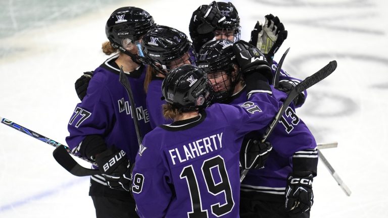 Minnesota forward Grace Zumwinkle (13) celebrates with teammates after scoring her third goal during the third period of a PWHL hockey game against Montreal, Saturday, Jan. 6, 2024, in St. Paul, Minn. (Abbie Parr/AP)