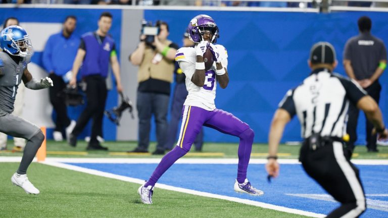 Minnesota Vikings wide receiver Jordan Addison (3) catches a 42-yard pass for a touchdown during the second half of an NFL football game against the Detroit Lions, Sunday, Jan. 7, 2024, in Detroit. (Duane Burleson/AP)