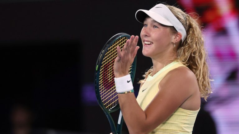 Mirra Andreeva of Russia reacts after defeating Ons Jabeur of Tunisia in their second round match at the Australian Open tennis championships at Melbourne Park, Melbourne, Australia, Wednesday, Jan. 17, 2024. (Asanka Brendon Ratnayake/AP Photo)